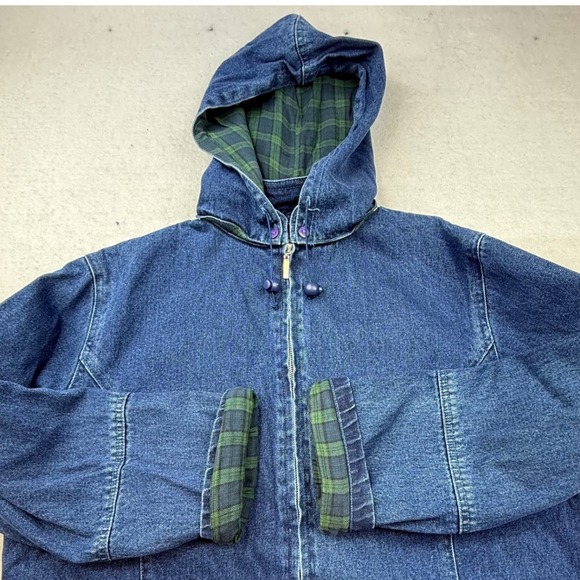 VTG North Style Denim Hooded Jacket Green Plaid Lined Zip Front Women Large - Picture 6 of 9
